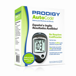 Glucometro autoparlante y autocodificado con 10 cintas reactivas, 10 lancetas y disparador puerto usb -Prodigy
