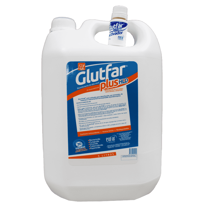Solucion desinfectante de alto nivel de 5litros con glutaraldehido al 2% con ph alcalino potencializado glutfar plus-Eufar