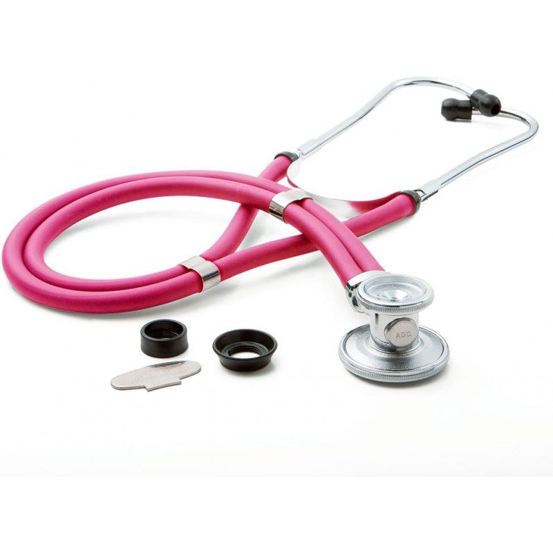 Estetoscopio con campana doble rappaport, doble tubo color rosado ad/ped/neo de 56 cm con kit de repuesto ADC