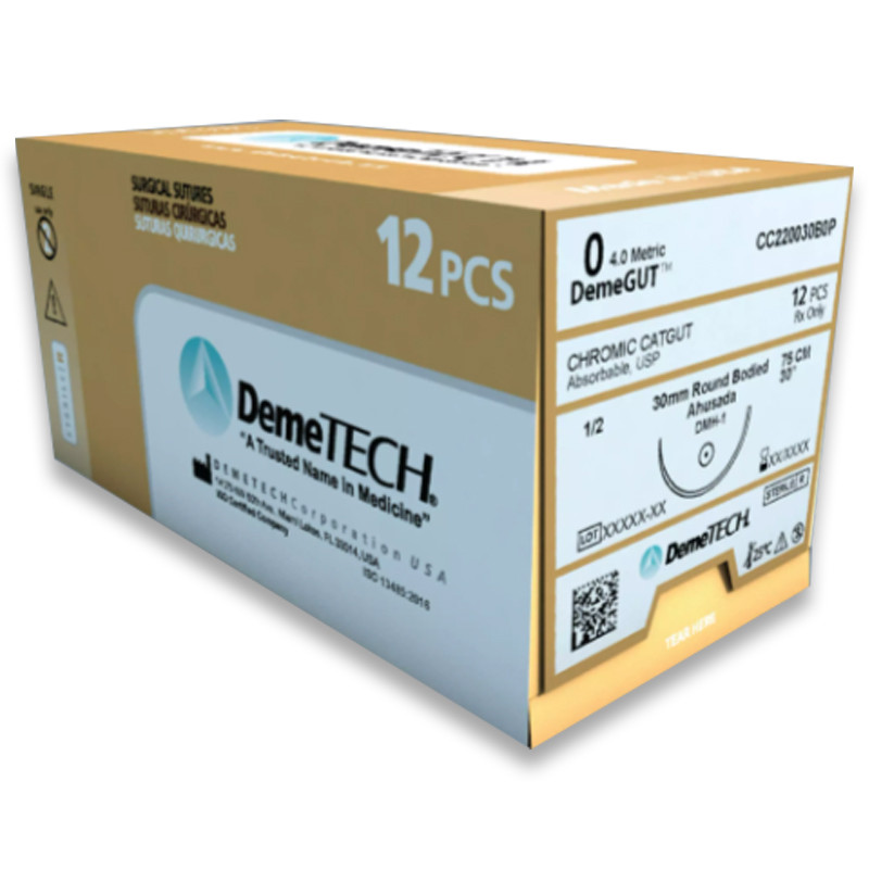 Hilo catgut cromico numero 2-0 con aguja de 36mm 1/2 circulo de 75cm